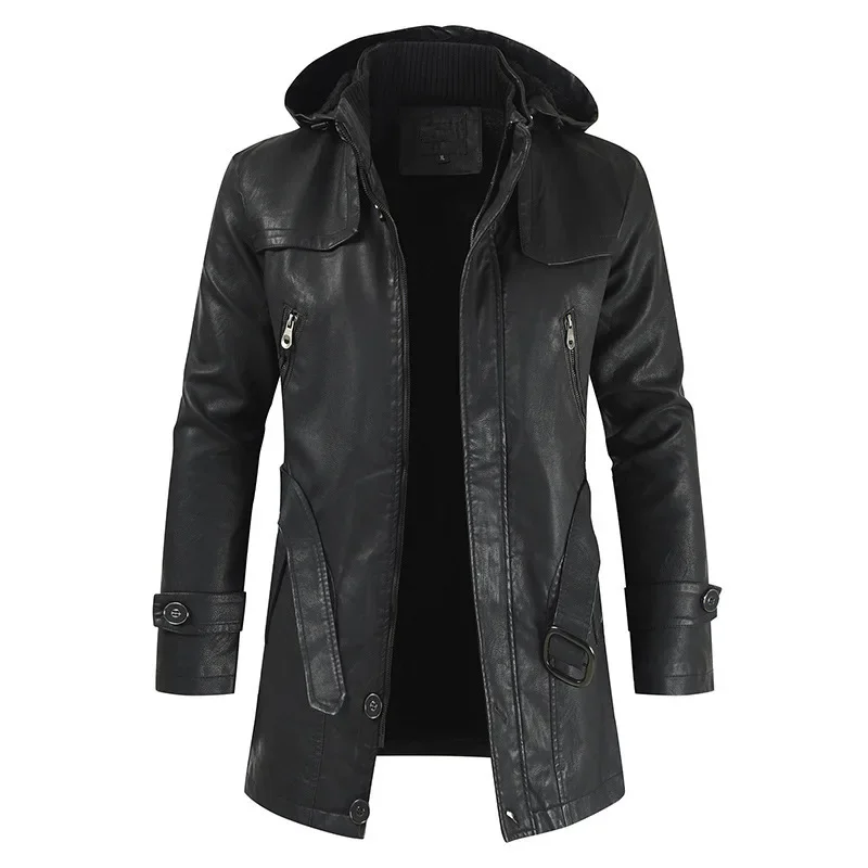 Long PU leather coat 2023 new men's casual fashion PU leather hooded slim youth Men's windproof PU leather jacket