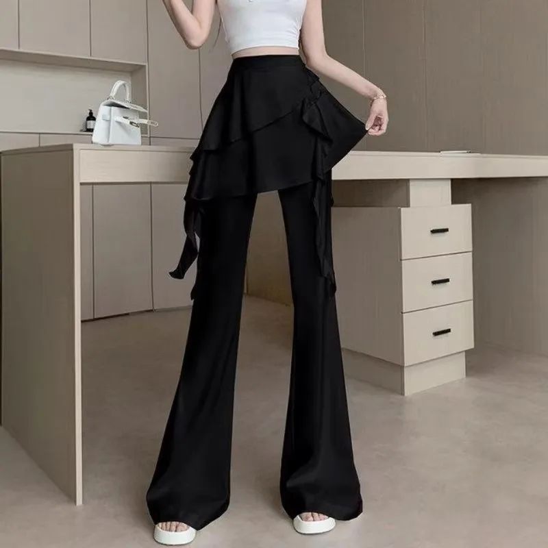 Korean Style Ruffle Edge Fake Two Piece Women's Casual Pants 2026 Summer New Elastic Waisted Black Wide Leg Pants for Women