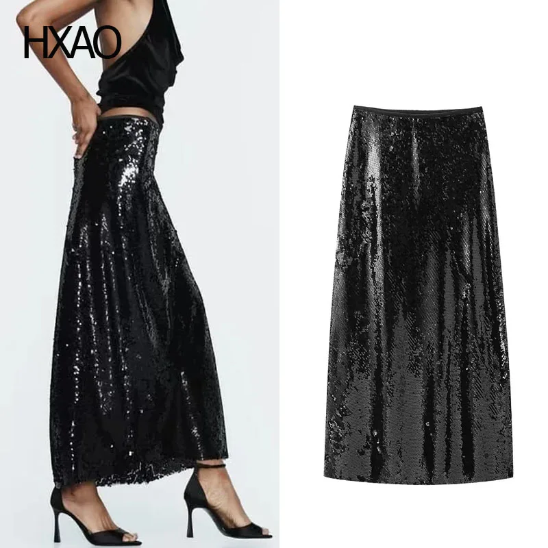 

HXAO Black Sequined Skirt for Women Midi Skirts Summer Fashion Female Elegant Chic Wrap Skirt With Paillettes Streetwear