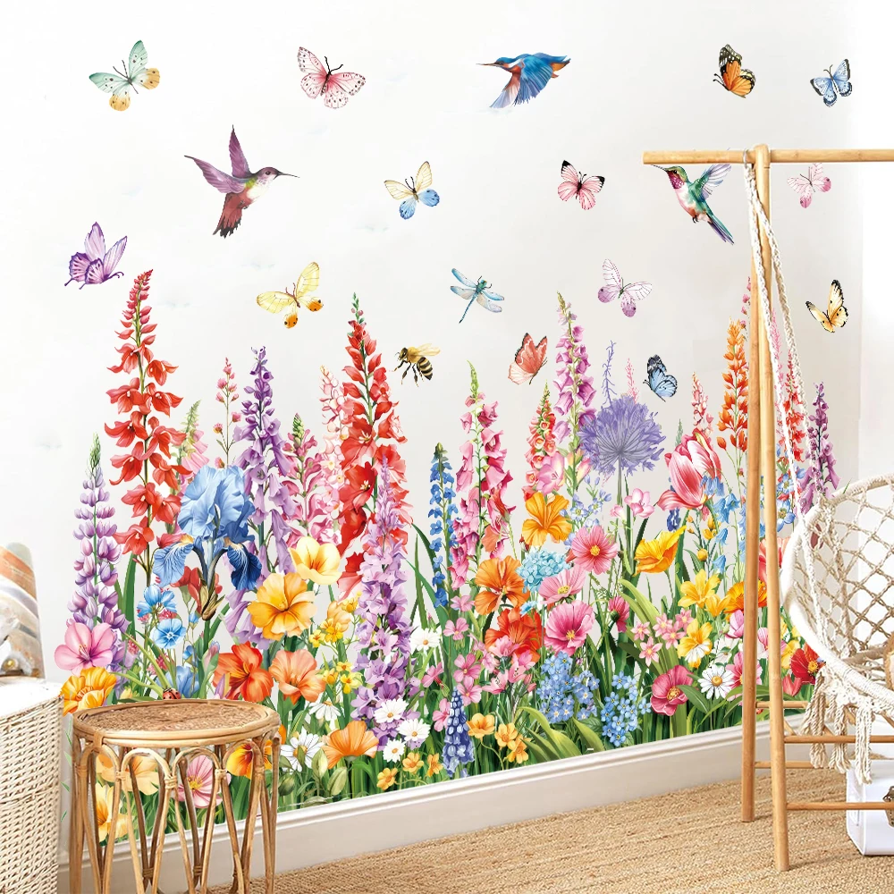 Colorful Flower Grass Corner Wall Stickers Plant Wildflower Butterflies Baseboard Skirting Line Wall Decals Bedroom Living Room