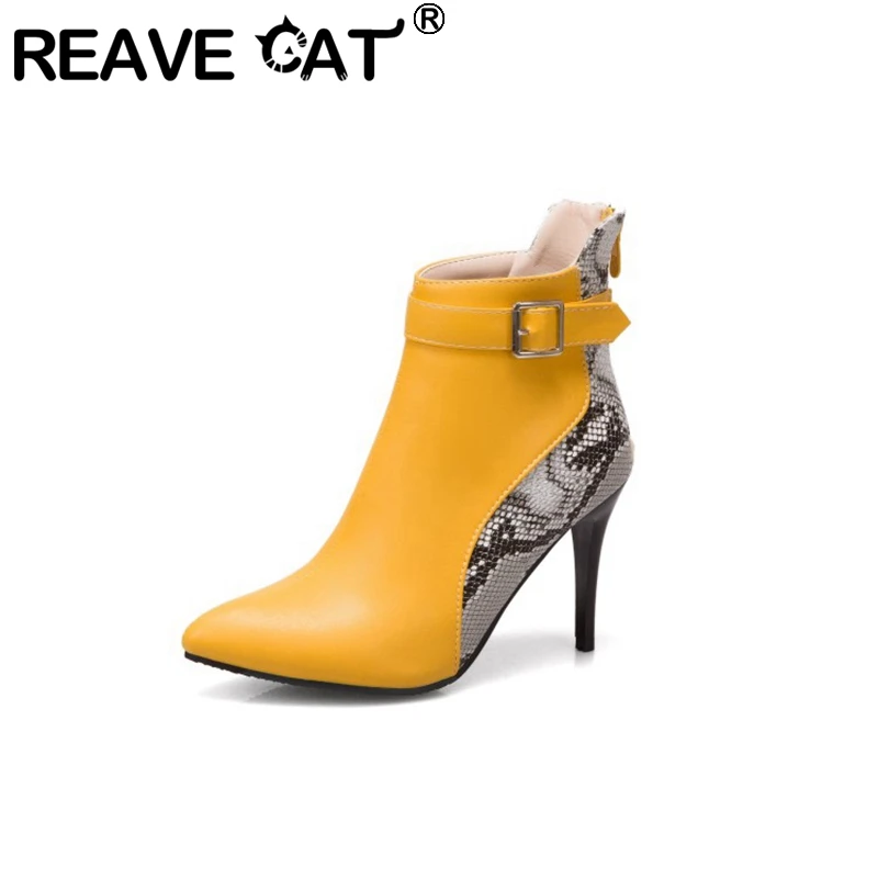 REAVE CAT Women Boots 2021 Ankle Print 9cm High Heels Boots Pointed Toe Shoes Size 34-50 Club Sexy  F1413