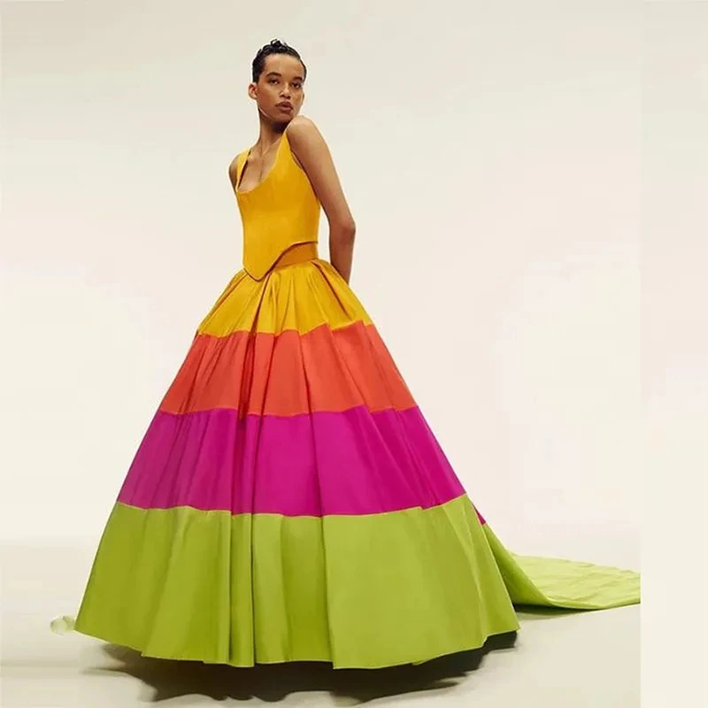 

Multi Color Puffy Long Formal Party Dress High Fashion Women Dresses Square Neckline Neon Colors Prom Gowns Sleeveless