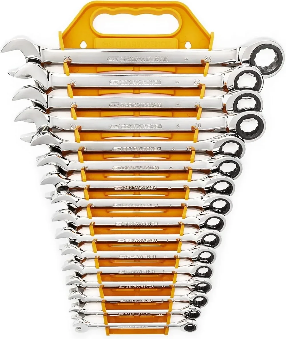 

16 Pc. Ratcheting Combination Wrench Set with Tray, Metric - 9416 Silver Used for Tool Fixation and Storage