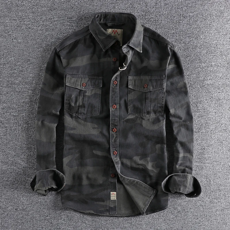 Camisa de manga larga para hombre, ropa de trabajo estilo n de camuflaje, con bolsillos dobles, informal, militar, juvenil