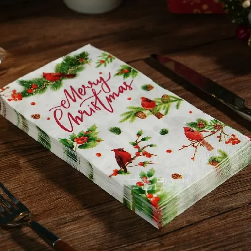 20pcs 33*40cm 2-Ply Christmas Long Colourful Printed Napkins Christmas Bird & Pinecone Printed Party Decoration Paper Placemats
