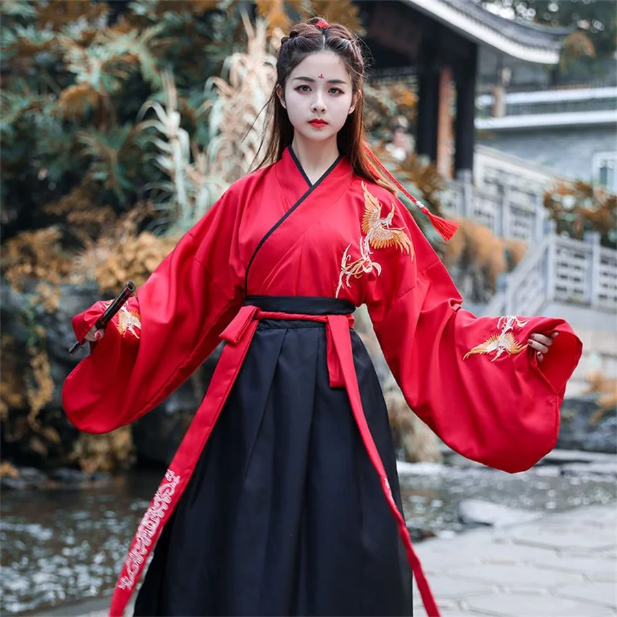 W chińskim stylu Hanfu pary starożytne tradycyjne drukowane Hanfu czerwone czarne zestawy mężczyzn kobiet karnawał Cosplay kostiumy zestawy Hanfu Plus rozmiar XL