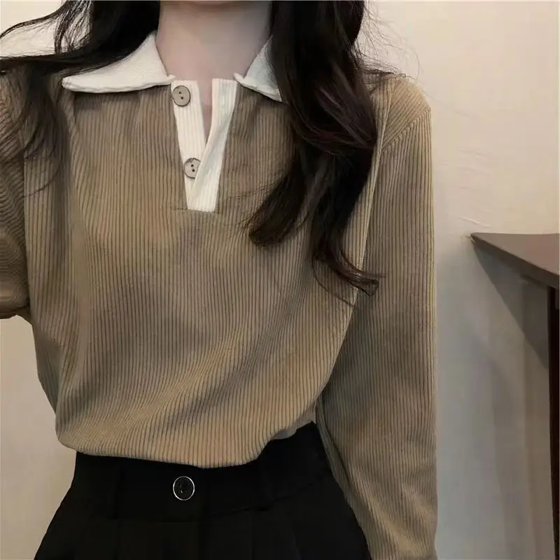 Spicy Girl Long Sleeve  Neck Knitted Top Women's Thin Loose Collar Base Shirt Early Autumn New Style Polyester Fiber