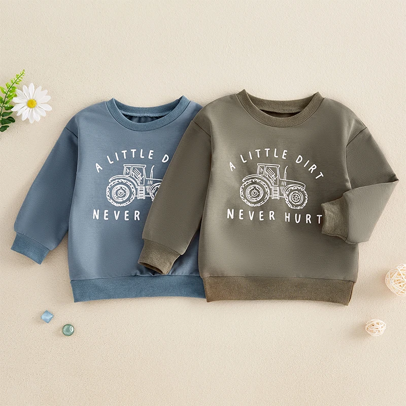 12M-5Y Toddler Boy Fall Sweatshirt Hoodies Letter Tractor Print Long Sleeve Round Neck Loose Pullover Tops