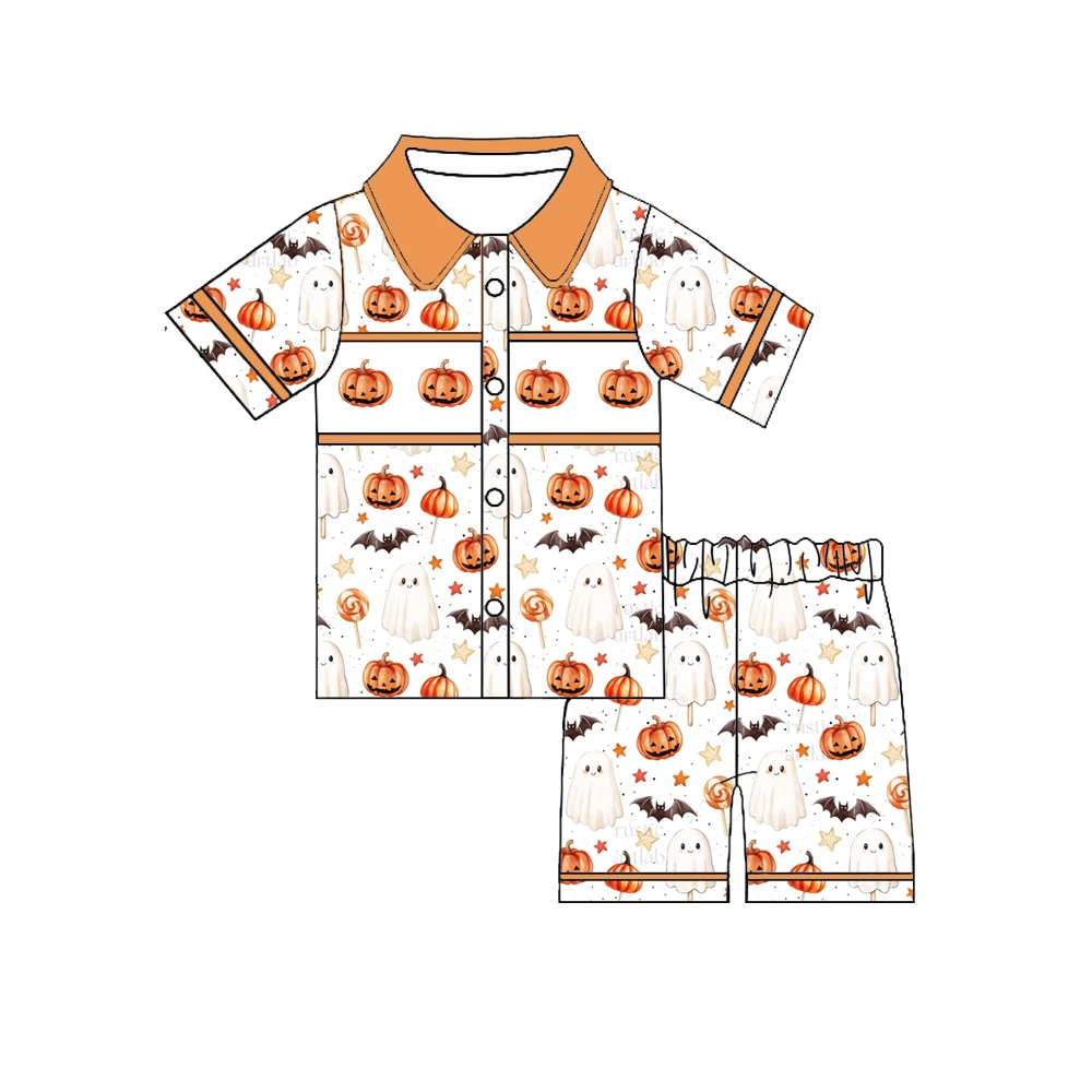 Halloween Boutique Boys and Girls Set Lapel Ruffle Puff Sleeves Pair with Trousers Love Pocket Ghosts and Pumpkins Print