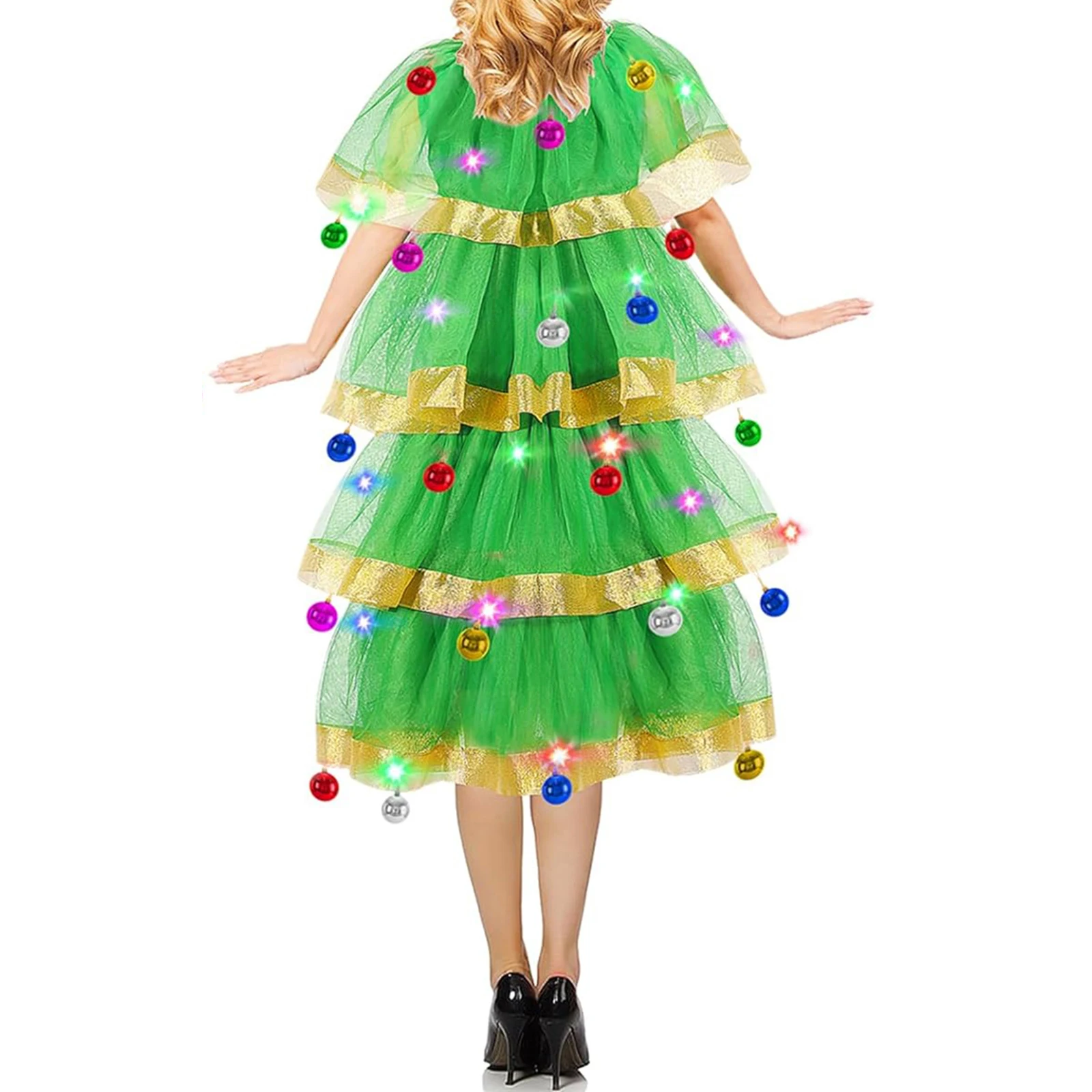 Disfraz de árbol de Navidad a la moda para mujer, vestido de tul verde con volantes en capas, disfraces de Cosplay para escenario de fiesta de año nuevo