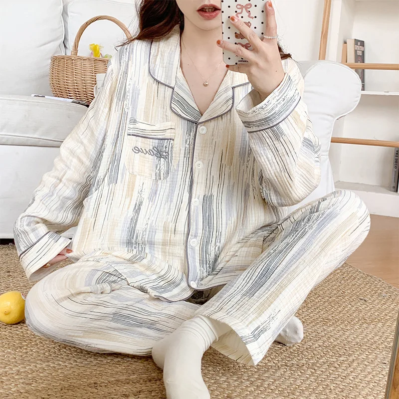 Spring Autumn Thin Cotton Kimono Nursing Pajamas Summer Pregnant Women Breathable Soft Print Sweet Postpartum Home Wear