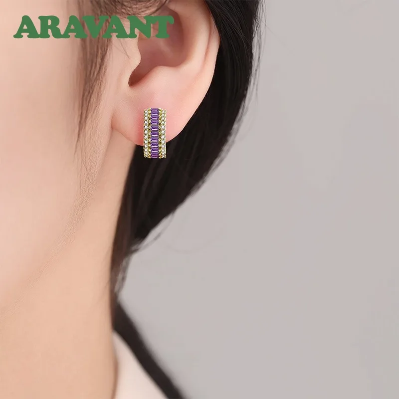 ARAVANT 925 Sterling Silver 16MM Amethyst Hoop Earrings For Women Fashion Jewelry view 2
