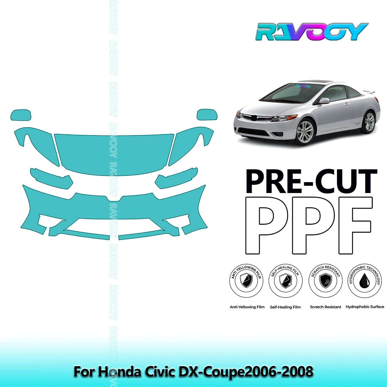

8.5Mil Precut Paint Protection Film PPF Clear Bra Front Kit For Honda Civic DX-Coupe2006-2008