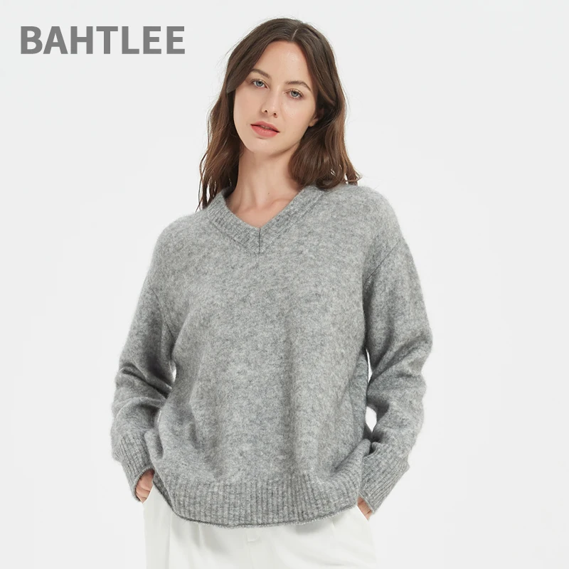 

BAHTLEE-Women's Thick Mohair Sweater, Wool Knitted Jumper, Long Sleeves, V-Nice Loose Style, Autumn