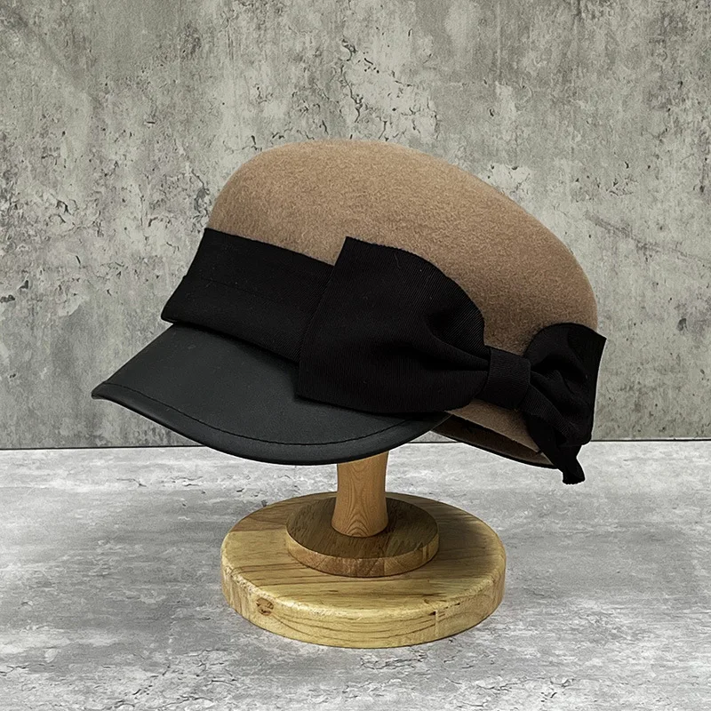 Delicate and elegant little fragrant wind bow wool equestrian hat women\'s British vintage leather bowler hat fashion all-match