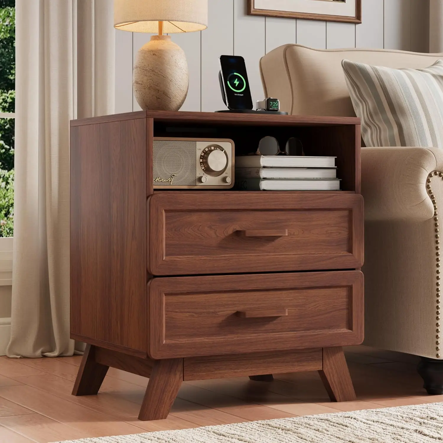 23.6Inch Tall Natural Nightstand With Charging Station Rounded Interior Furniture Drawers Sturdy 4-Leg Support Bedside Custom