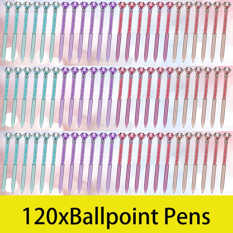 

120Pcs Big Crystal Diamond Pens Cute Ballpoint Pens Retractable Ballpoint Gem Pens Rhinestones Crystal Bling Plated 4 Colors