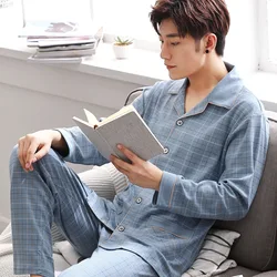 Cotton Men Pajamas Set of Autumn Winter Long-Sleeved Cardigan Plus Size Men Models of Home Clothing Plaid Sleepwear 2PCS/Set