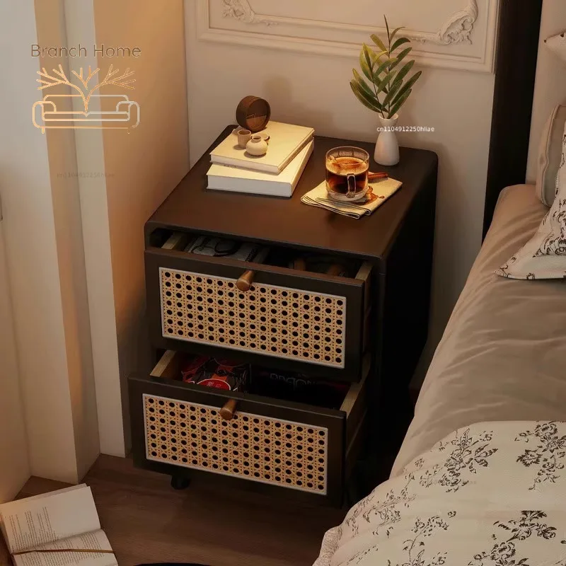 Medieval bedside table solid wood rattan small household bedside table French retro bedroom storage cabinet light luxury high se
