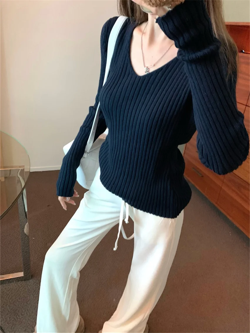 

PLAMTEE Elegant Solid Sweaters V-Neck Slim Women Gentle Casual Pullovers Chic 2024 Loose All Match New High Waist Spring Pants