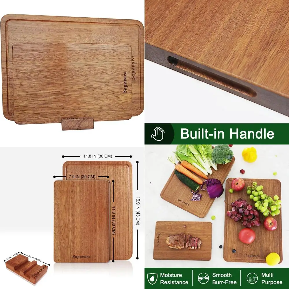 

Large Thick Solid Teak Wood Chopping Board Set, Crack Resistant with Juice Grooves and Handles for Kitchen, 16.9x11.8 & 12x8 inc
