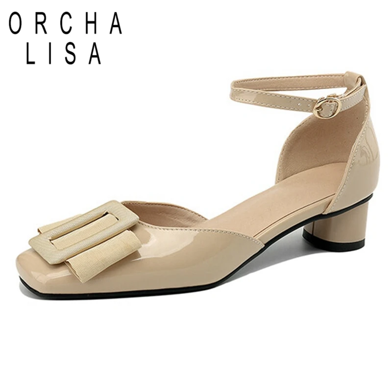 

ORCHA LISA Women Pumps Dress Office Metal Patent Leather Big Size 40 41 42 43 Beige Square Toe 3.5cm Round Heel Buckle Apricot