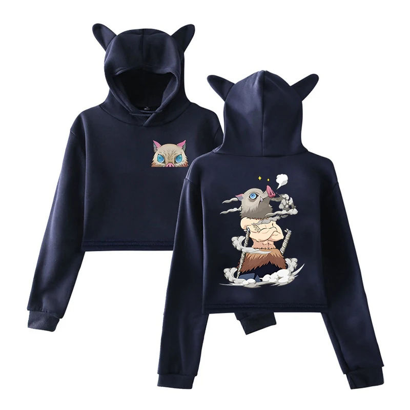 New Anime Hashibira Inosuke Printed Hoodies Women Girl Sweatshirt Cat Ear Hooded Casual Tops Sexy Pullovers Crop Top