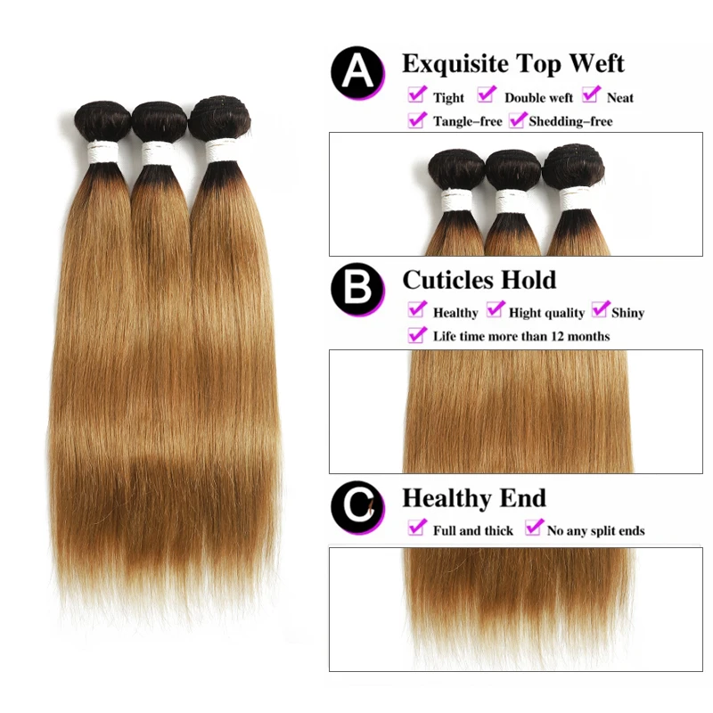 Ombre Loira Pacotes de Cabelo Humano, Hetero, Deep Water, Cabelo Colorido Brasileiro, Weave Bundles Extensions, Virgem, Barato, 8-26 em, #27