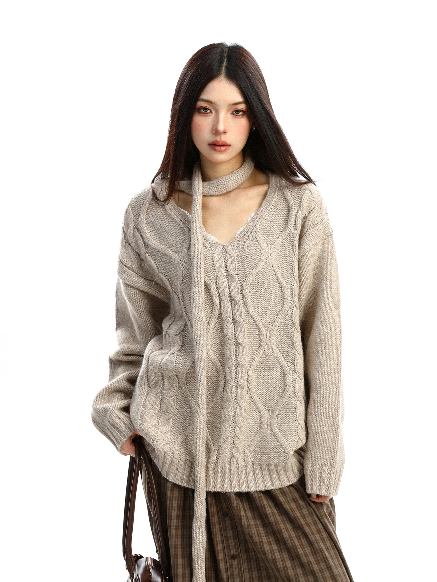 

Теплый вязаный свитер с V-образным вырезом и шарфом для женщин, осенне-зимний, с узором «косичка», удобный, свободного кроя, топ