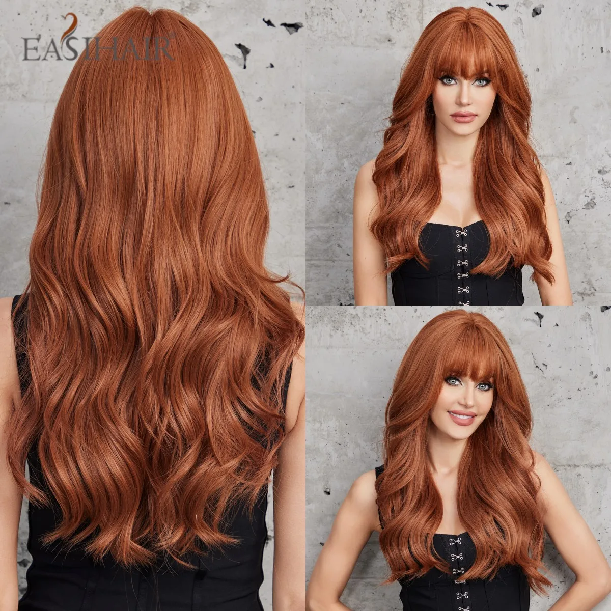 

EASIHAIR Brown Synthetic Wigs Long Wavy Natural Hair Wigs with Bangs for Women Cosplay Lolita Wig Heat Resistant Fiber