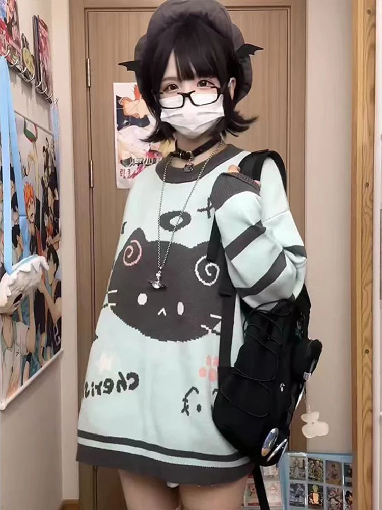 การ์ตูนญี่ปุ่นพิมพ์เสื้อกันหนาวผู้หญิง Kawaii Jacquard ลมขี้เกียจถัก Pullovers ฤดูใบไม้ร่วงฤดูหนาวหลวมสบายๆน่ารักหวานเสื้อใหม่