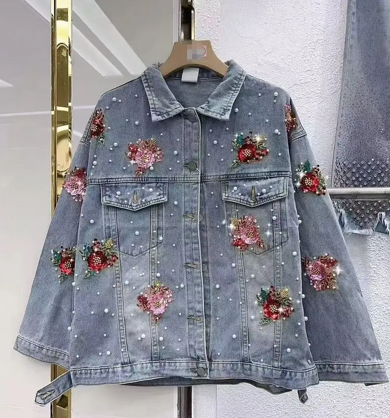Women's 2025 Spring Autumn New Embroidered Flower Denim Jackets Trendy Loose Versatile Casual Tops Female Beading Denim Coats