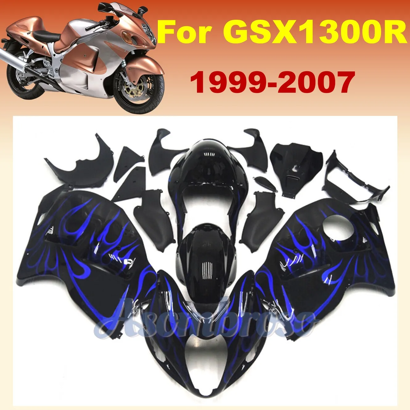 New Plastic Fairing kits for Hayabusa GSXR1300 1999-2007 Motorcycle Fairings  GSX1300R 2002 2004 2007 Blue Flame with Black