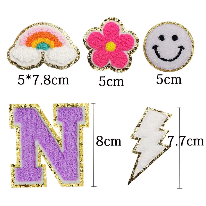 74pcs Chenille Embroidery Patches Cute Letter Face Rainbow Flash Flower DIY Sew on Clothing Embroidered Denim Fabric Patch