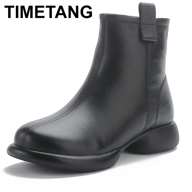 

Women Autumn Boots Cowhide Ankle Boots 2024 Winter Retro Casual Genuine Leather Mother Boots Warm Fur Low Heels Shoes