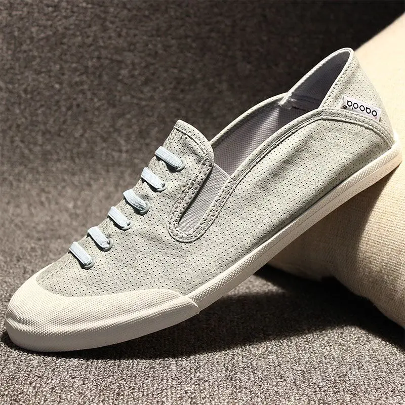 Men\'s Vulcanize Shoes Sports Breathable Leather Loafers Leisure Lightweight One Kick Flat Sneakers Male Thin Non-leather on Sale