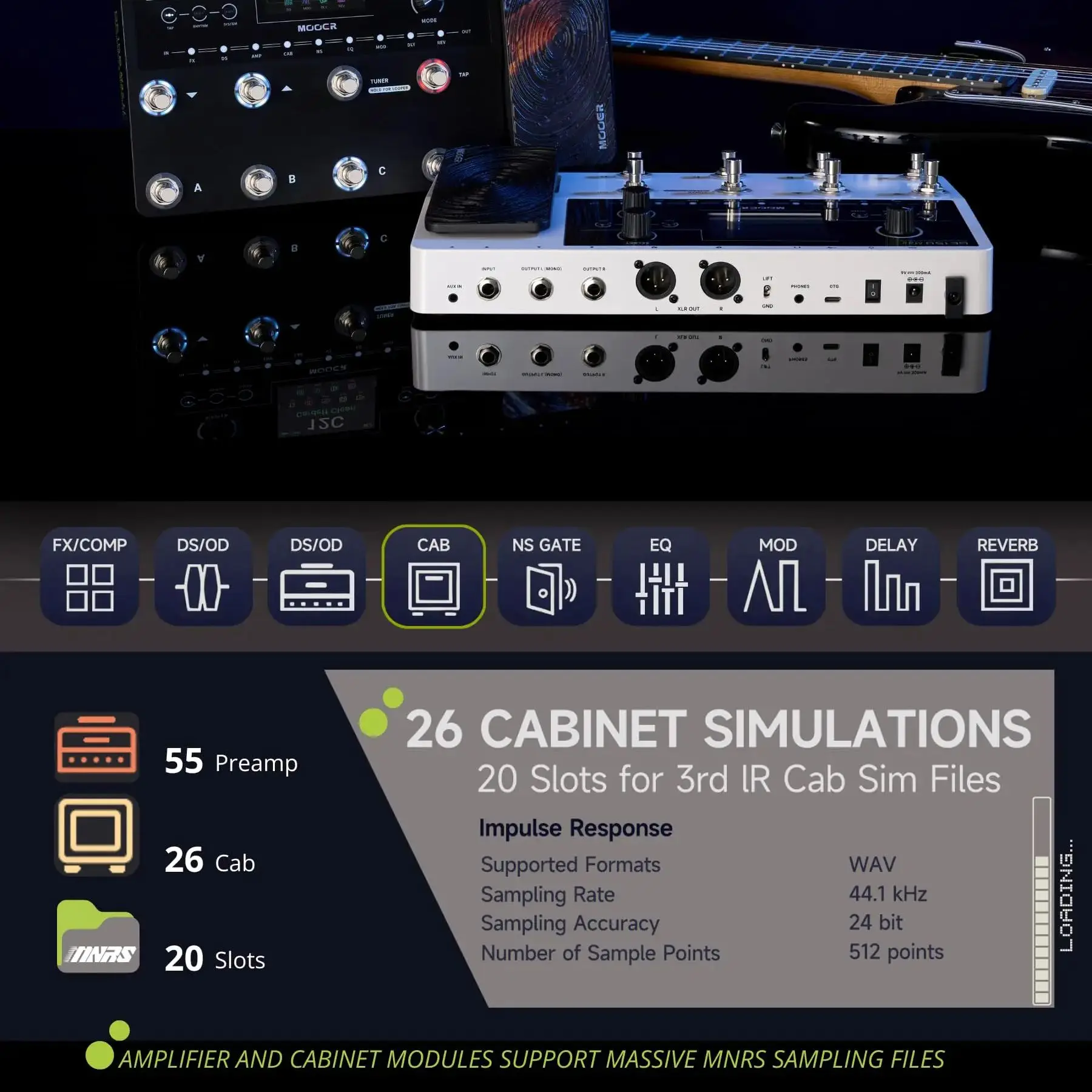 MOOER GE150 MAX Amp النمذجة ودواسة متعددة التأثيرات: 200 إعداد مسبقًا/55 أمبير/8 مفاتيح قدم/شاشة LCD مقاس 3.5 بوصة/آلة طبلة وبطول