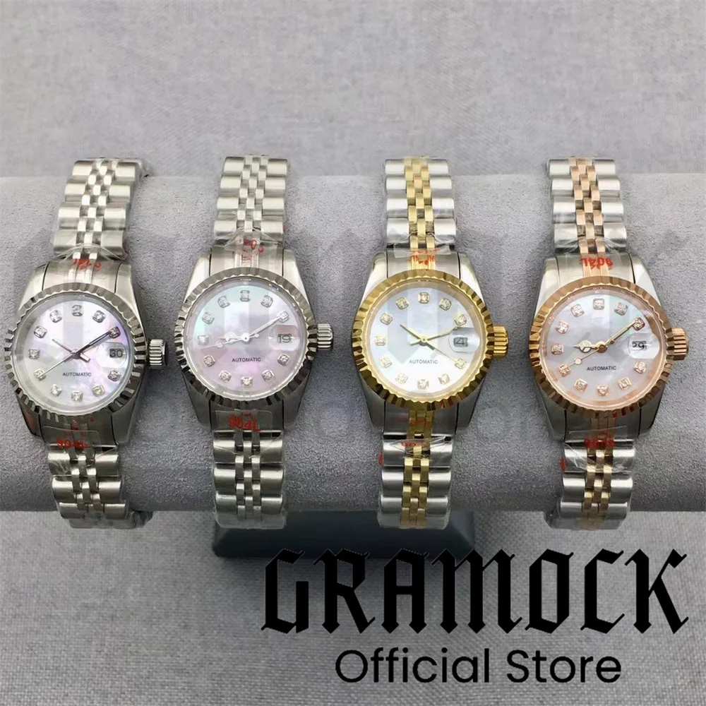 Gramock 25.5mm Women\'s Watch 3 point Date Diamond Pink Mother Pearl NH05 Automatic movement Silver sapphire glass