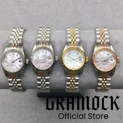 Gramock 25.5mm Women's Watch 3 point Date Diamond Pink Mother Pearl NH05 Automatic movement Silver sapphire glass