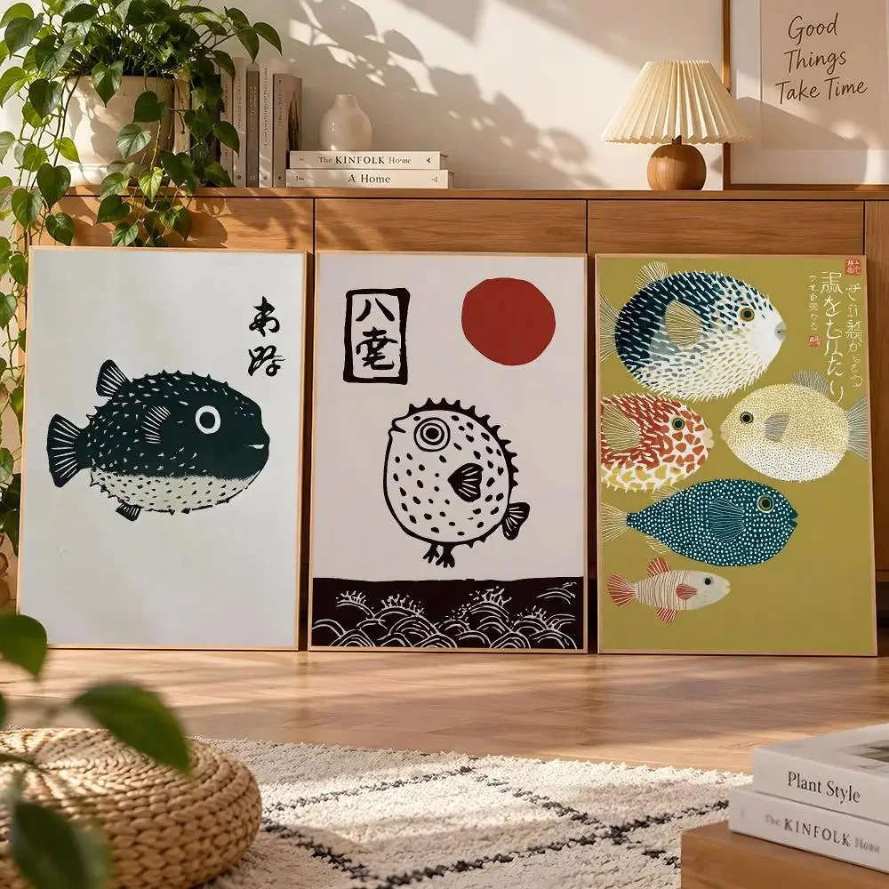 Ocean Wave Fish Japanese Pufferfish Minimalist Colorful Vintage Marine Poster Matte Wall Art Waterproof Room Decoration Bedroom