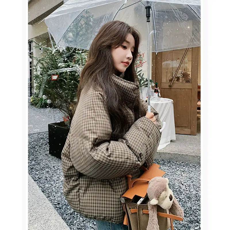 2024 Winter Coffee Color Grid Cotton Clothes for Women New Winter Fashion Korean Versatile Short Loose Cotton Parkas for Women