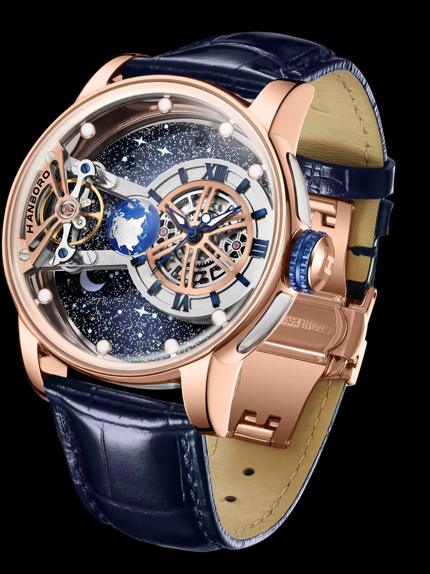 HANBORO Herrenuhr mit Automatikwerk, roségoldfarbenem Gehäuse und Skelettzifferblatt, Sternenhimmel-Zifferblatt, Design mit Erd- und Mondphasen, luxuriöse Galaxie-Uhr