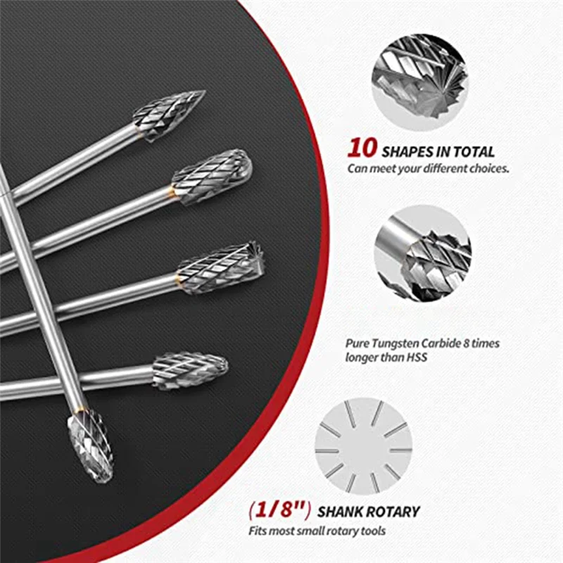 6-Inch 10PCS Carbide Burr Set, Double Cut Tungsten 3mm (1/8Inch) Shank Carbide Rotary Burr Rotary Files Diamond Burs Bit