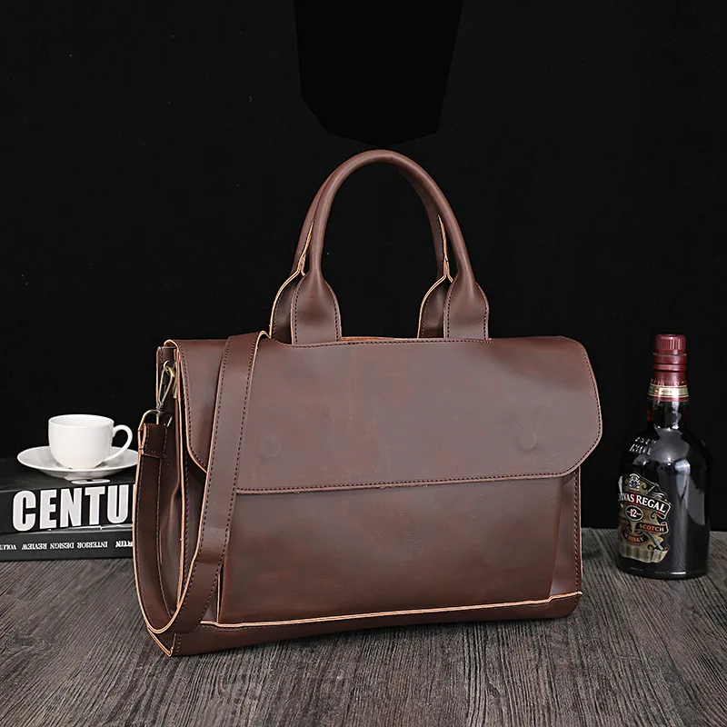 

2024 New Korean men's bag retro tide crazy horse leather handbag shoulder slung business computer men's briefcase