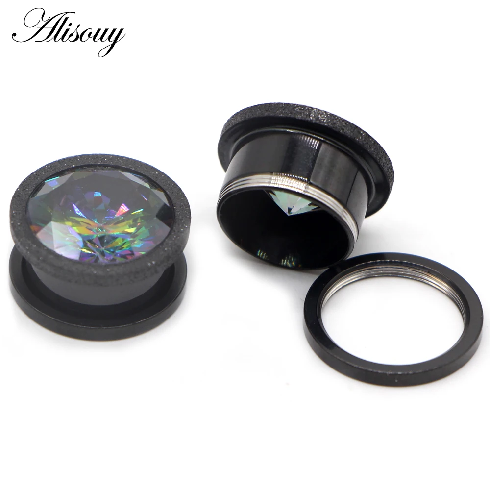 Alisouy 2pcs Stainless Steel Frosted Scrub Zirconia Crystal Ear Tunnels Plugs Expander Stretcher Gauges Body Piercing Jewelry