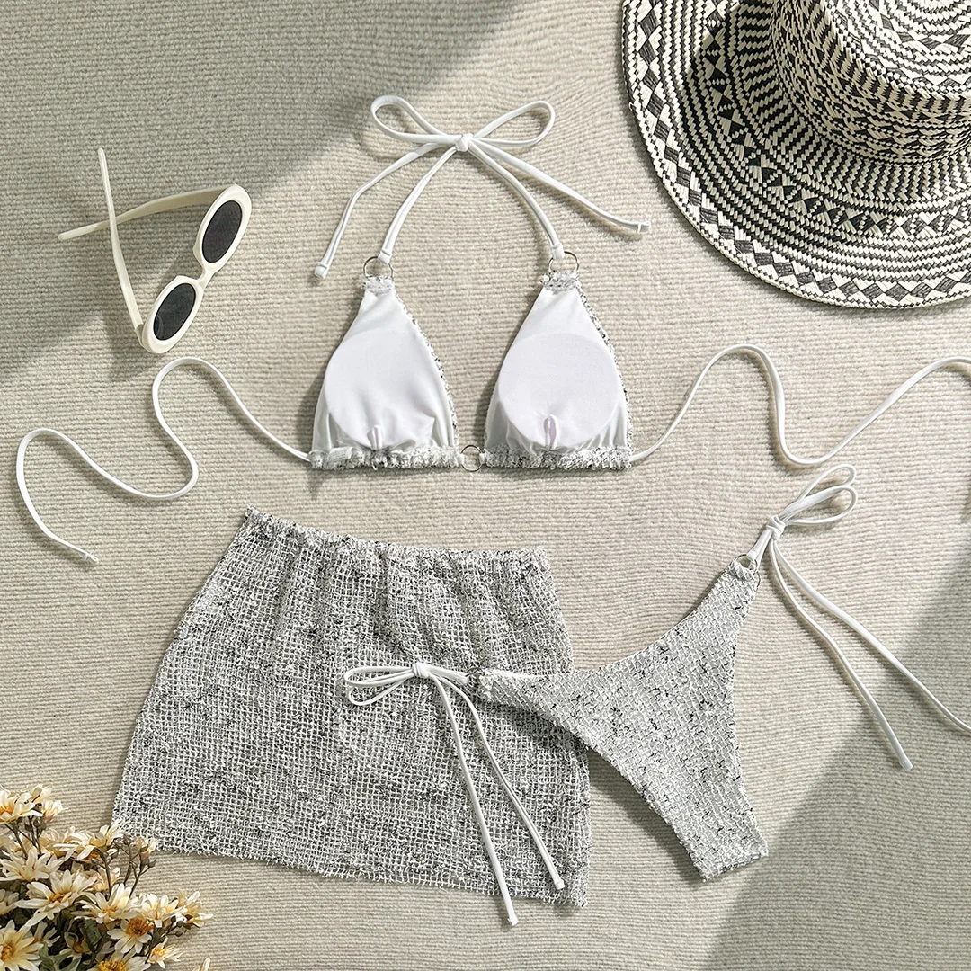 9 Farben Sexy Neckholder-Bikini Damen-Badebekleidung Dreiteiliges Bikini-Set mit Rock Badeanzug Badebekleidung V6451C – Detail 29