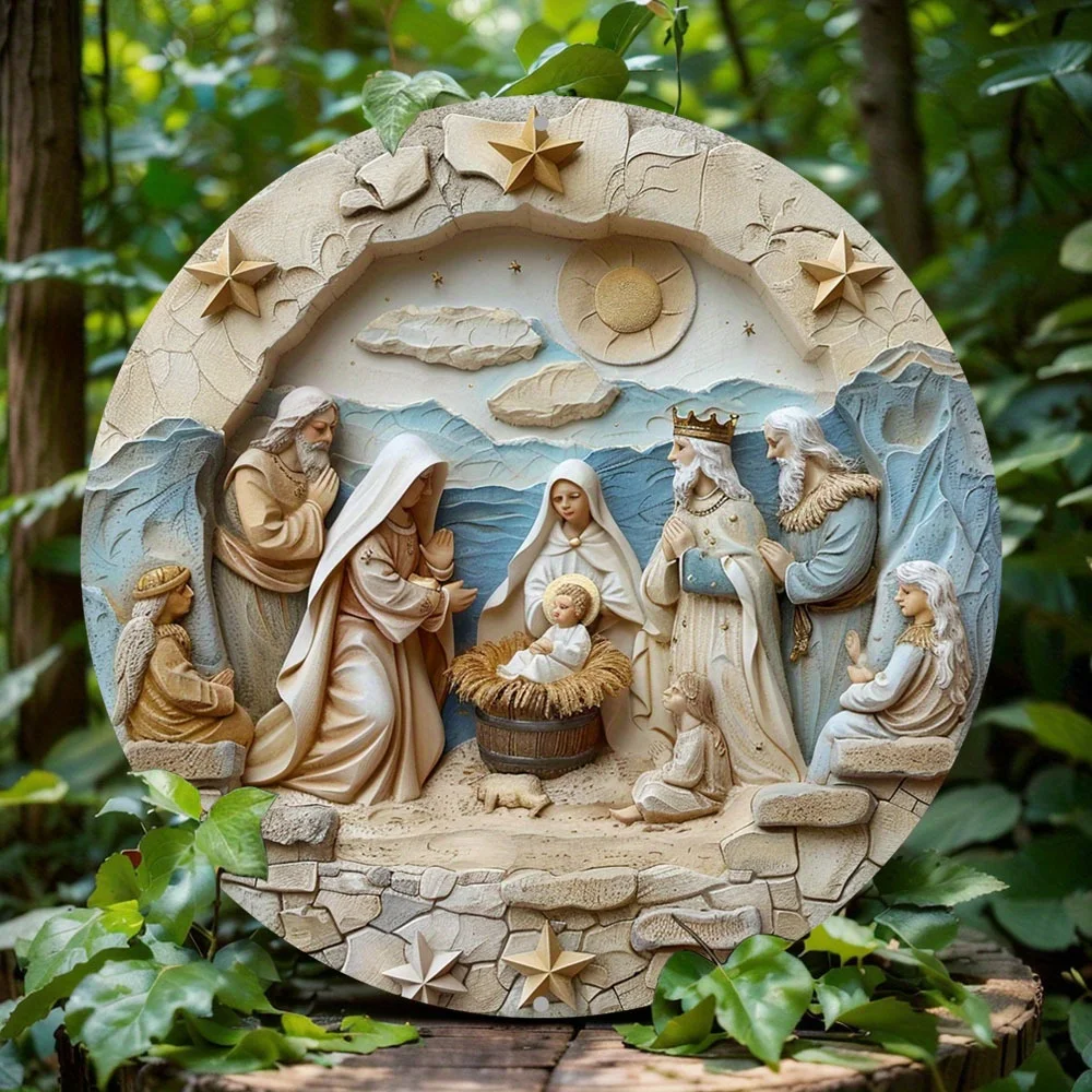 

2D Flat Print, Nativity Themed Sign, Round Aluminum Metal Decor Sign for Home, Perfect Sculpture Wall Decoration and Gift Idea