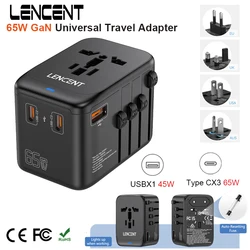 LENCENT 65W GaN Universal Travel Adapter with 3Type C+1USB Ports Fast Charging Travel Adapter EU/UK/USA/AUS plug for Travel