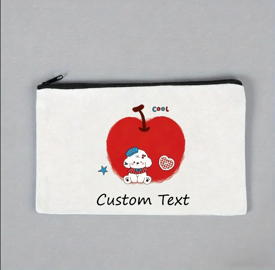 1PC Custom Text Cosmetic Bag Cute White Puppy On Red Apple Print Zipper Makeup Pouch Portable Travel Storage Gift