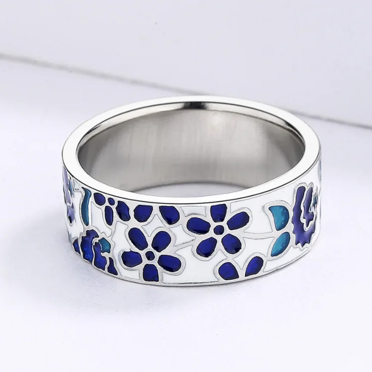 925 Silver Exquisite New Women\'s for Ring Blue Enamel Flower Ring Fashion Handmade Enamel Jewelry Wedding Bridal Ring